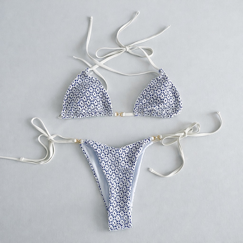 Blue & White Triangle Brazilian Style Bikini Set w/ Pearl Gold Detail Swimwear